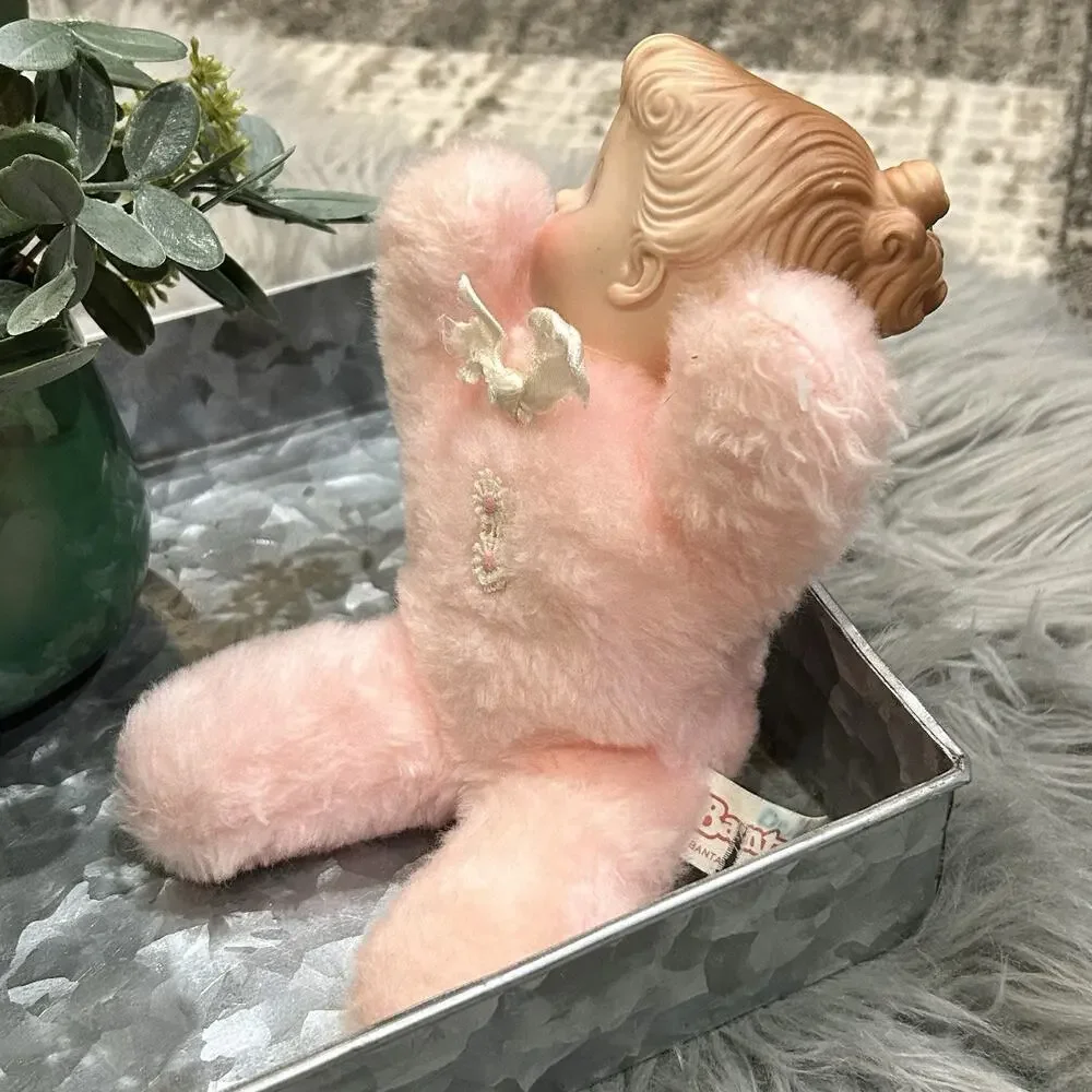 Vintage Bantam Rubber Face Snow Bunny Rabbit Baby Doll Stuffed Animal Pink Plush